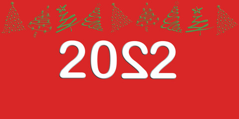 Naklejka premium Happy New Year 2022. White numbers and green Christmas trees on red background. Copy space. Heart symbol 