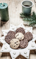 top view of beige and green Christmas decorations cozy home hygge