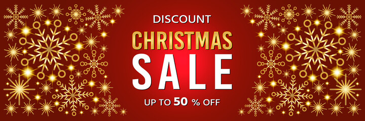 Christmas card discount sale banner. Flat design with golden glitter snowflakes. Abstract background with glow and geometric shapes. Final sale up to 50% off. Template vector illustration.