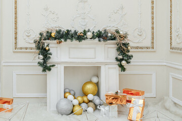 Christmas fireplace without people with gifts