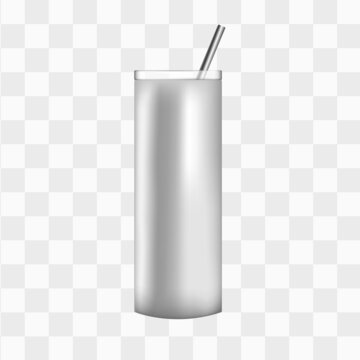 White 3d tumbler mockup template design. Silver takeaway coffee cup with steel straw. Isolated vector reusable mug