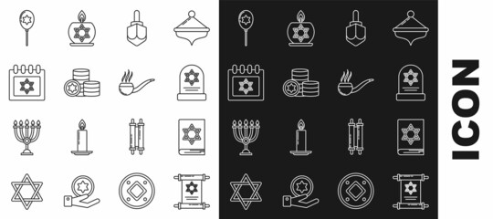 Set line Torah scroll, Jewish torah book, Tombstone with star of david, Hanukkah dreidel, coin, calendar, Balloons ribbon and Smoking pipe smoke icon. Vector