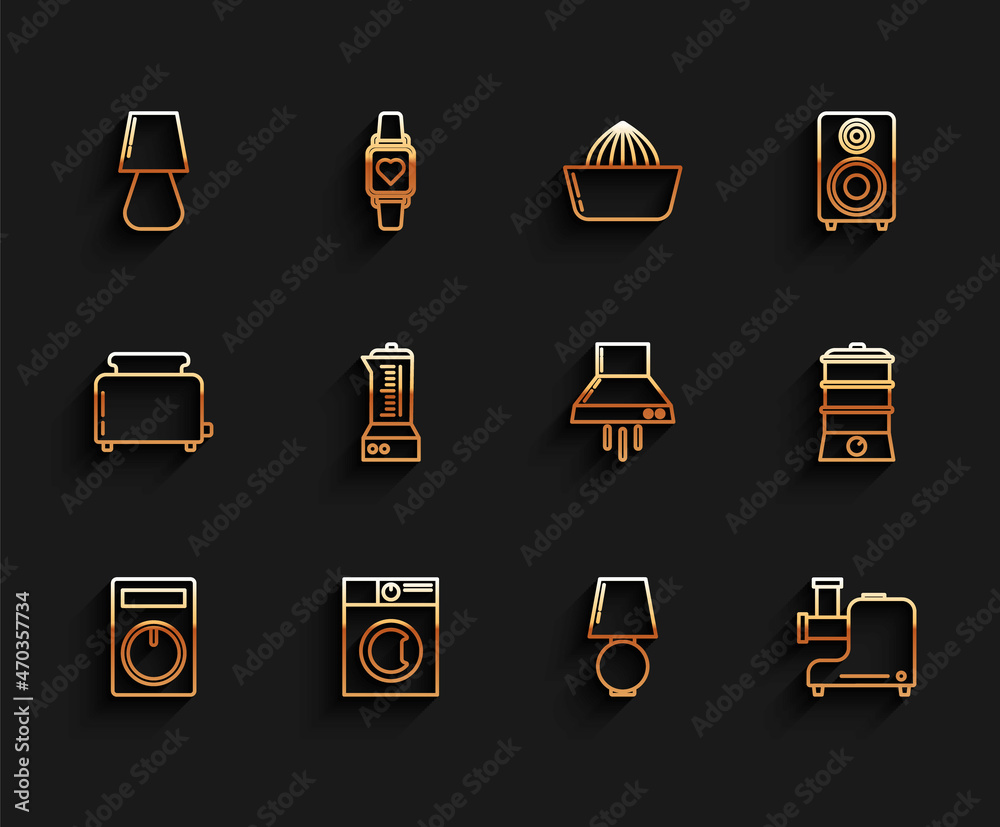 Sticker Set line Remote control, Washer, Table lamp, Kitchen meat grinder, Blender, Double boiler and extractor fan icon. Vector