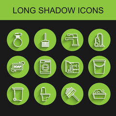 Set line Trash can, Toilet bowl, Squeegee, scraper, wiper, Plastic basin with soap suds, Washer, Bucket and Electric iron and towel icon. Vector