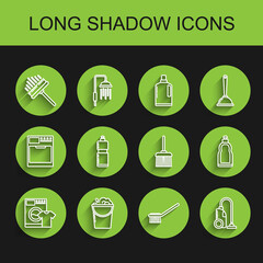 Set line Washer and t-shirt, Bucket with foam bubbles, Squeegee, scraper, wiper, Toilet brush, Vacuum cleaner, Plastic bottles for liquid dishwashing liquid, and Handle broom icon. Vector