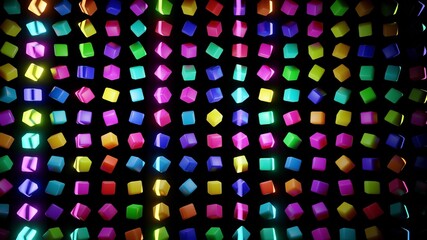 3d render. Abstract background with cubes lined up in rows on a plane, neon lighting of cubes.