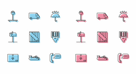 Set line Cardboard box with traffic symbol, Scale, Telephone speech bubble chat, Wooden, Scanner scanning bar code, Open mail and Delivery cargo truck vehicle icon. Vector