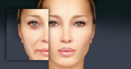 Aging. Mature woman-young woman.Face with skin problem.Showing photos before and after