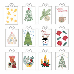 Christmas gifts tag labels set of winter holidays design elements hand drawn in simple cartoon flat style, plant, holly, gift, mistletoe, candle, hot drink, fir tree, decoration, penguin, baubles, mug