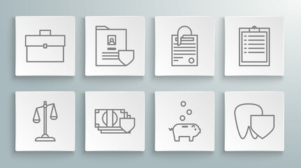 Set line Scales of justice, Document with shield, Money, Piggy bank coin, Tooth, File document and paper clip, Clipboard checklist and Briefcase icon. Vector