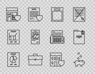 Set line Document with graph chart, Piggy bank coin, Empty form, Briefcase, Shopping building shield, Torn contract, Medical hospital and Personal folder icon. Vector