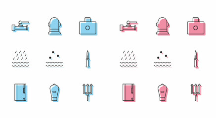 Set line Underwater note book and pencil, Lift bag, Industry metallic pipes valve, Neptune Trident, Cold waves, Army knife, Rain and Buoy icon. Vector