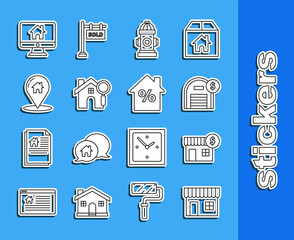 Set line Shopping building or market store, House with dollar symbol, Warehouse, Fire hydrant, Search, Map pointer, Computer monitor smart home and percant discount tag icon. Vector