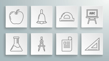 Fototapeta premium Set line Test tube and flask chemical laboratory, Ringing bell, Drawing compass, Document, Triangular ruler, Protractor grid for measuring degrees, Chalkboard and Apple icon. Vector