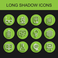 Set line Certificate template, Test tube and flask chemical laboratory, Glasses, Earth globe, Chalkboard, Graduation cap in speech bubble, Rubik cube and Light bulb with concept of idea icon. Vector