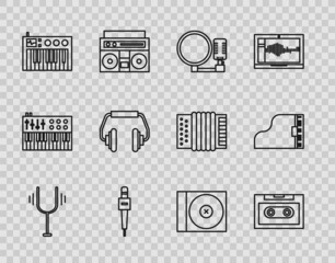 Set line Musical tuning fork, Retro audio cassette tape, Microphone, synthesizer, Headphones, CD DVD disk and Grand piano icon. Vector