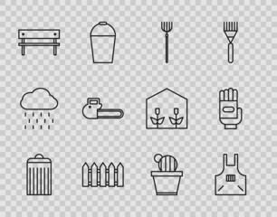 Set line Trash can, Kitchen apron, Garden pitchfork, fence wooden, Bench, Chainsaw, Cactus and succulent pot and gloves icon. Vector