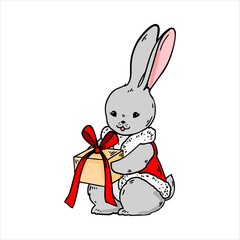 Hand drawn rabbit with a Christmas present. Vector illustration