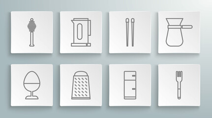 Set line Chicken egg on a stand, Kettle with handle, Grater, Refrigerator, Fork, Food chopsticks, Coffee turk and Honey dipper icon. Vector