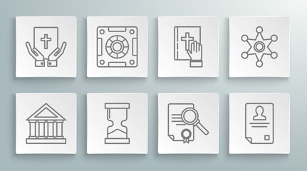 Set line Courthouse building, Safe, Old hourglass, Document with search, Identification badge, Oath the Holy Bible, Hexagram sheriff and icon. Vector