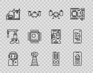 Set line Worker robot, Smart home, Drone flying with action camera, Antenna, 3D printer, Processor microcircuits CPU, Remote control and Algorithm icon. Vector