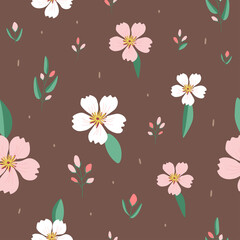 Pattern from vector spring flowers. Blooming plants, buds and leaves on a brown background. Delicate pattern with pink flowers