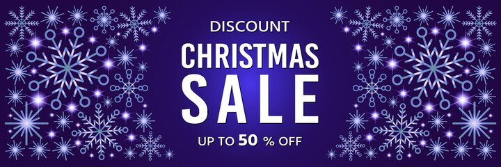 Christmas card discount sale banner. Flat design with golden glitter snowflakes. Abstract background with glow and geometric shapes. Final sale up to 50% off. Template vector illustration.