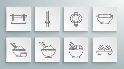 Set line Rice in a bowl with chopstick, Japanese katana, Asian noodles and chopsticks, Sushi on cutting board, paper lantern, Bowl of hot soup and Traditional icon. Vector