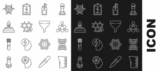 Set line Laboratory glassware or beaker, DNA symbol, Bacteria, wash bottle, Chemical formula, Alcohol spirit burner, Biohazard and Funnel filter icon. Vector