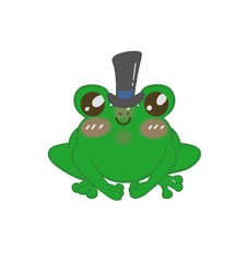 little cute green frog with big eyes in a black hat