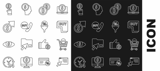 Set line Online shopping on screen, Remove cart, Buy button, Cryptocurrency coin Bitcoin, Phone and speech bubble with, Financial growth, Hand holding and Lead management icon. Vector