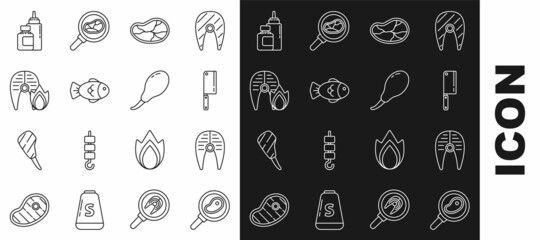 Set line Steak meat in frying pan, Fish steak, Meat chopper, Grilled fish and fire flame, Sauce bottle and Chicken leg icon. Vector