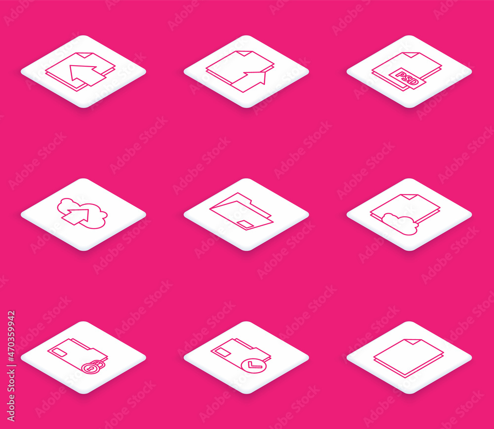 Poster set line next page arrow, upload file document, psd, cloud upload, document folder, storage text, fo