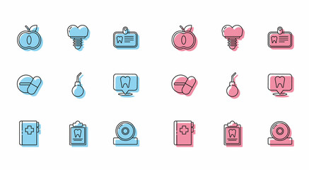 Set line Clipboard with dental card, Apple, Otolaryngological head reflector, Enema pear, Dental clinic location, Medicine pill tablet and implant icon. Vector