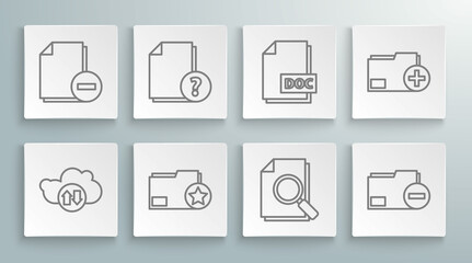 Set line Cloud download and upload, Unknown document, Document folder with star, search, minus, DOC file, Add new and icon. Vector