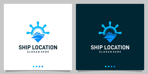 Ship steering wheel inspiration and abstract boat shape with location logo. Premium Vector © Crelaba_Std