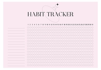 Modern collection of habit tracker daily weekly monthly planner printable template with pink background. Collection of note paper, to do list, stickers templates. Blank white notebook page A4.