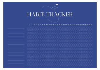 Modern collection of habit tracker daily weekly monthly planner printable template with blue background. Collection of note paper, to do list, stickers templates. Blank white notebook page A4. 