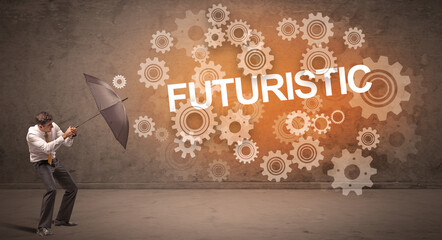 Businessman defending with umbrella concept