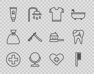 Set line Cross hospital medical, Hairbrush, T-shirt, Round makeup mirror, Tube of toothpaste, Straight razor, Heart with cross and Broken icon. Vector