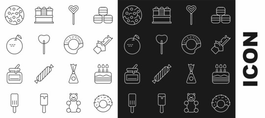 Set line Donut, Cake with burning candles, Bitten chocolate bar, Lollipop, Apple, Cookie or biscuit and icon. Vector