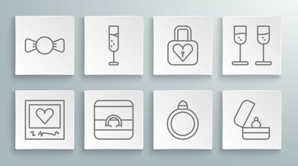 Set line Photo frames and hearts, Glass of champagne, Wedding rings, Diamond engagement, Lock, and Bow tie icon. Vector
