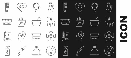 Set line Yin Yang, Massage stone therapy, Shower head, Sauna broom, Cup of tea and leaf, bucket, Hairbrush and Mortar pestle icon. Vector