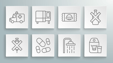 Set line No doping syringe, Bed, Vitamin pill, Shower head, Paper package for milk, Sports nutrition, alcohol and Ambulance and emergency car icon. Vector
