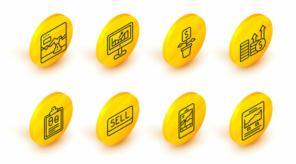 Set line Website with growth graph, Mobile stock trading, Sell button, Business finance report, Financial and dollar, Dollar plant, Computer and Failure stocks market icon. Vector