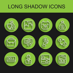 Fototapeta premium Set line Sell button, Trader, Shield and money bag, Failure stocks market, Website with growth graph, Stacks paper cash, Cryptocurrency exchange and Hand holding Bitcoin icon. Vector