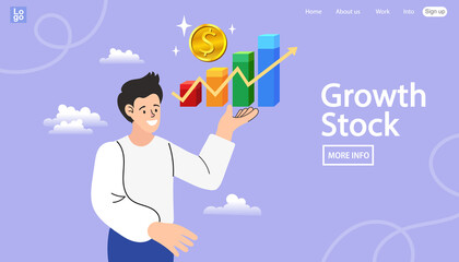 A modern website landing page template about growth stock investment, featuring a happy man analyzing a chart for financial success, wealth building, and market trend.