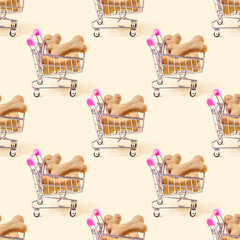 Biscuit bones for dogs in the shopping cart repeat seamless pattern on light background. Dog and...