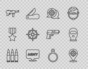 Set line Bullet, Target sport, Military army, Submachine gun M3, Canteen water bottle and Balaclava icon. Vector