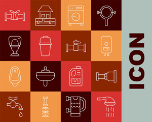 Set line Shower, Pipe adapter, Electric boiler, Washer, Bucket, Toilet bowl, Industry metallic pipe and and valve icon. Vector